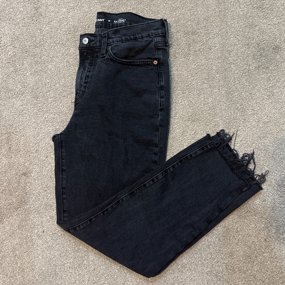 Old Navy Vintage Black Wash Raw Hem High Rise OG Straight Jeans Size 10